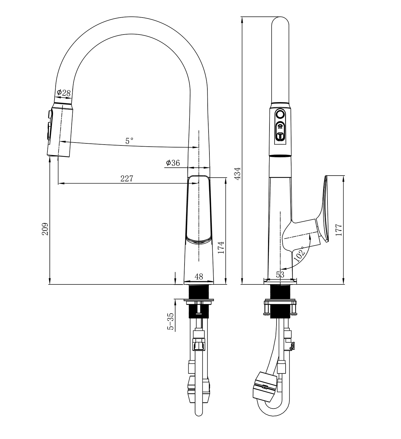 Чешма за вода со туш на извлекување – средна – Хром 83538 size drawing 001 Чешма за вода со туш на извлекување – средна – Хром